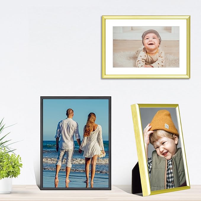 3x4 Picture Frame Set of 3, Matte Gold Modern Thin Aluminum Metal Photo Frame with HD Glass, Fits 2x3 with Mat or 3 x 4 without Mat, for Tabletop and Wall Mounting