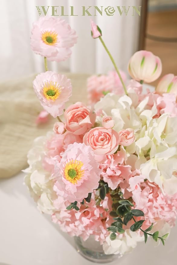 WELL KNOWN Artificial Flowers in Vase, Fake Hydrangea Tulip Flowers Bouquet with Big Glass Vase for Home Office Wedding Party Decor for Dining Table Centerpiece Housewarming Mom's Gift (Pink White)
