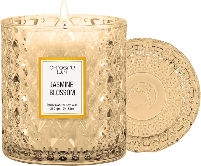 Chloefu LAN Jasmine Blossom Scented Candle Large Luxury Soy Jar Candles with up to 55 Hour Long Lasting, Highly Scented, 8.1oz