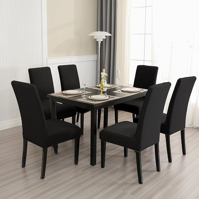 MOSAYT 100% Waterproof Dining Room Chair Covers Set of 4, Super Fit Stretch Jacquard Parson Chairs Slipcovers Removable Washable Chair Seat Protectors for Home, Kitchen, Banquet (Black)