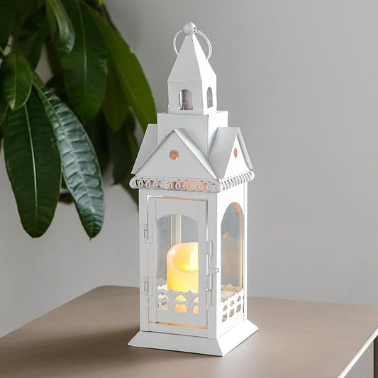 TRIROCKS Rustic Style Metal Candle Lantern 13'' High Decorative Outdoor Lantern Candle Holder with Tempered Glass House Shape for Home Living Room Garden Patio Parties Indoors Outdoors (White)