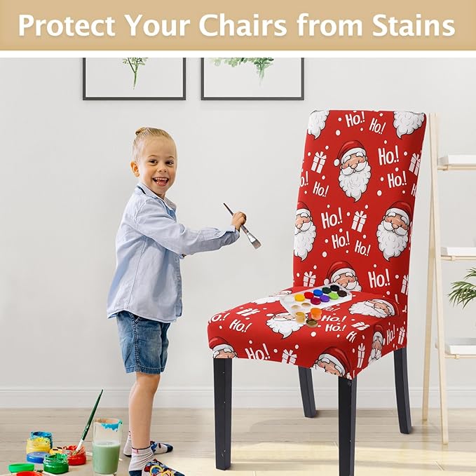 SearchI Christmas Chair Covers Set of 6, Stretch Xmas Kitchen Chair Cover Removable Washable Holiday Parsons Chair Slipcovers for Dining Room, Christmas Decoration, Ceremony(Santa Claus)