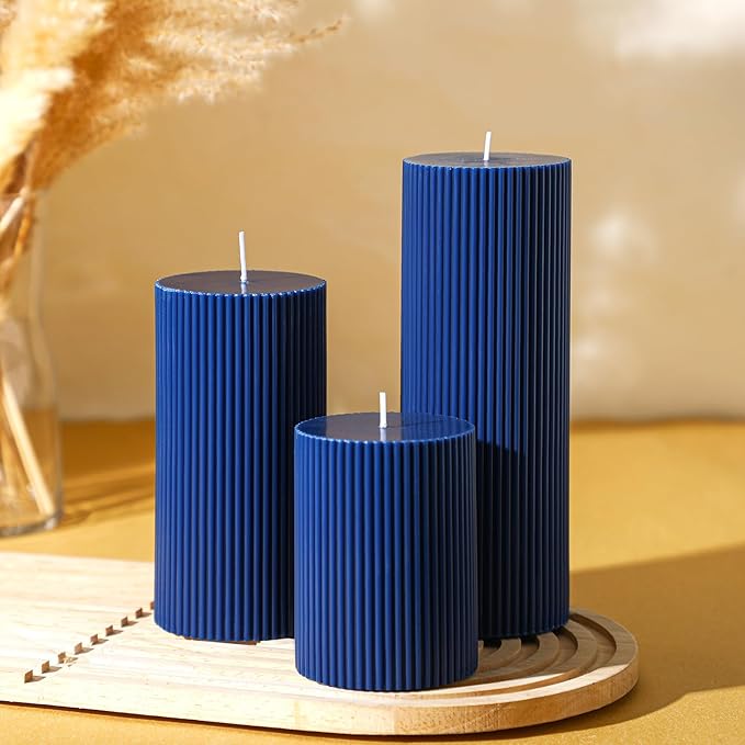 Ribbed Pillar Candles Set of 3, Width 3" High 4" 6" 8" Large Soy Wax Orchids Scented Pillar Candles Aesthetic Ribbed Modern Home Decor for Bathroom Living Room(Navy Blue)