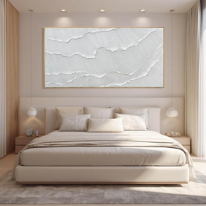 WINKAILIN Contemporary Gray-White Abstract Flat printing Wall Art with Frame Large Canvas Ocean waves Painting for Living Room Bedroom Above Couch Decor 29"x58"