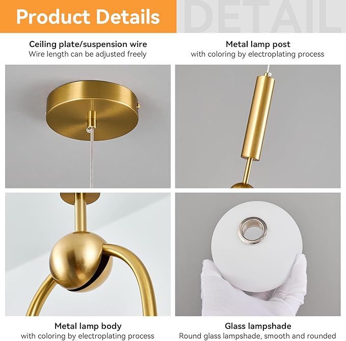 Modern Oblong Glass Pendant Light fixtures 1-Light, Simplicity Gold Pendant Lighting, Mid Century Chandelier for Kitchen Island Dining Room Bedroom Entryway Hallway(3-Pack)
