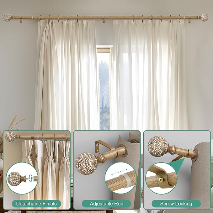 2 Pack Wood Curtain Rods for Windows 28 to 48 Inch,1'' Diameter Drapery Rods with Imitation Wood Grain Leaf Pattern Finials,Boho Adjustable Heavy Duty Curtain Rods Set,18-60'',Weathered Wood