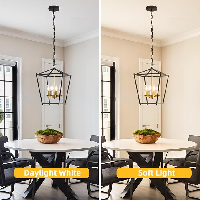 Rustic Lantern Chandeliers 4-Light Ceiling Cage Hanging Lights Black and Gold Pendant Light Fixtures for Kitchen Island Dining Room Farmhouse Entryway Foyer