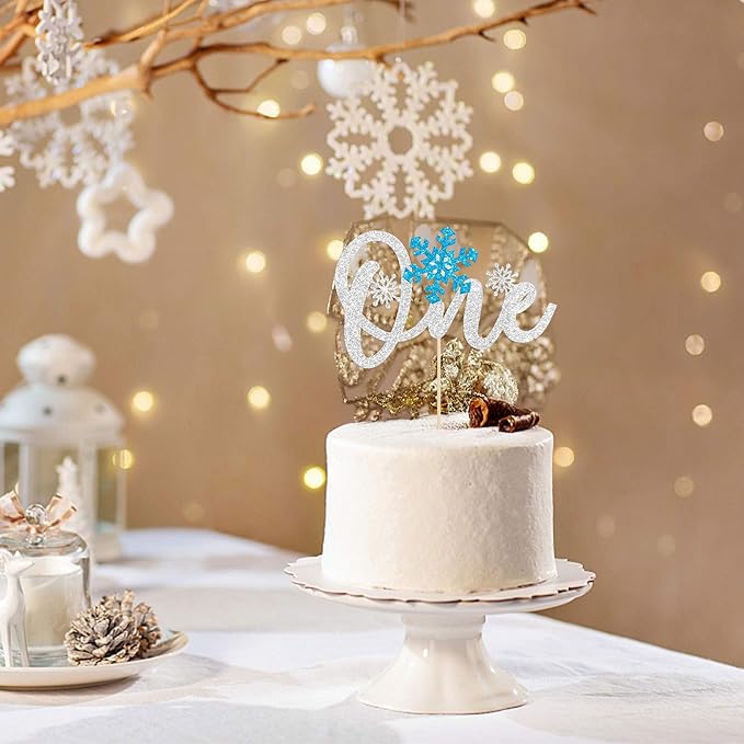 Gyufise 1 Pack Snowflake One Cake Topper Blue Silver Glitter Winter Onederland 1st Birthday Boy Decorations for Winter Xmas Holiday Party Decoration Supplies