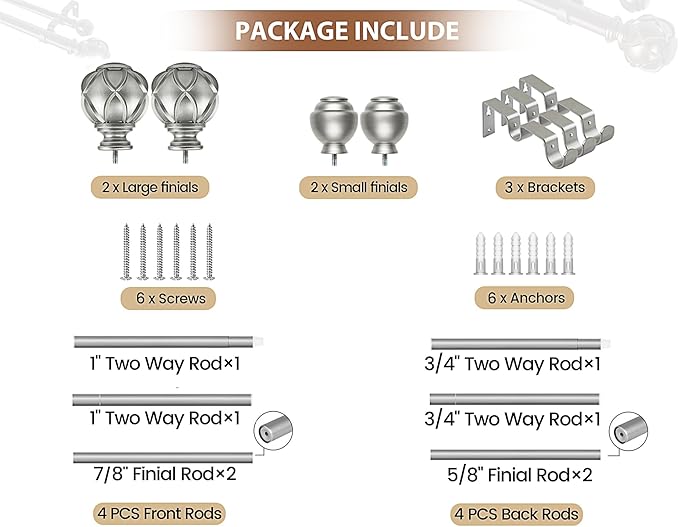 KAMANINA 1 Inch Double Curtain Rods 66 to 120 Inches (5.5-10 Feet) Telescoping Heavy Duty Drapery Rod for Windows 54 to 115, Netted Texture Finials, Antique Silver