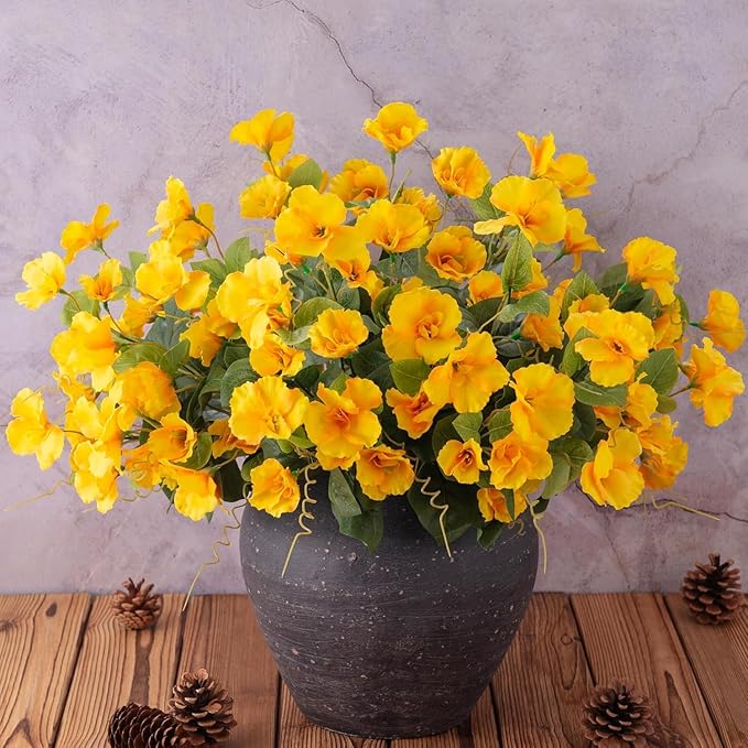 Hibiscus Artificial Flowers Plants for Outdoors Decoration, 6 Bundles Silk Hibiscus Tropical Flowers Artificial Realistic UV Resistant Fake Flower for Outside Planter Porch Patio Balcony, Yellow