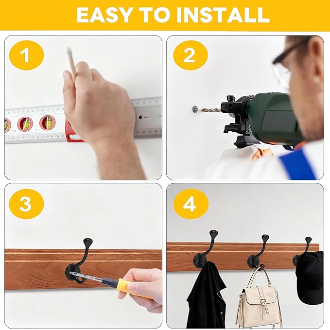 12 Pack Wall Hooks for Hanging, Heavy Duty Coat Hook Wall Mount, Easy to Install Metal Closet Hooks, Apply to Bathrooms, Bedrooms, Living Rooms, Entrances (Black)