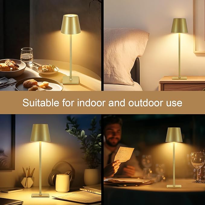Cordless Table Lamp with Timer, Rechargeable 5200mAh Battery Operated Lamp with Remote, Adjustable Height, 3-Color Stepless Dimming, Small LED Table Lamp for Bedroom Dining Office Outdoor(Gold)