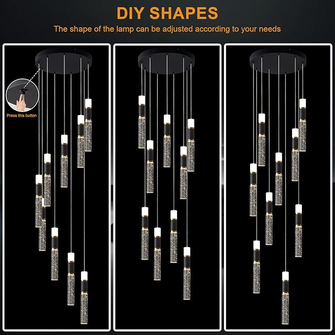 Modern Chandelier,Dimmable Black Gold Led Chandelier for High Ceilings Long Chandelier for Staircase with Remote Controller