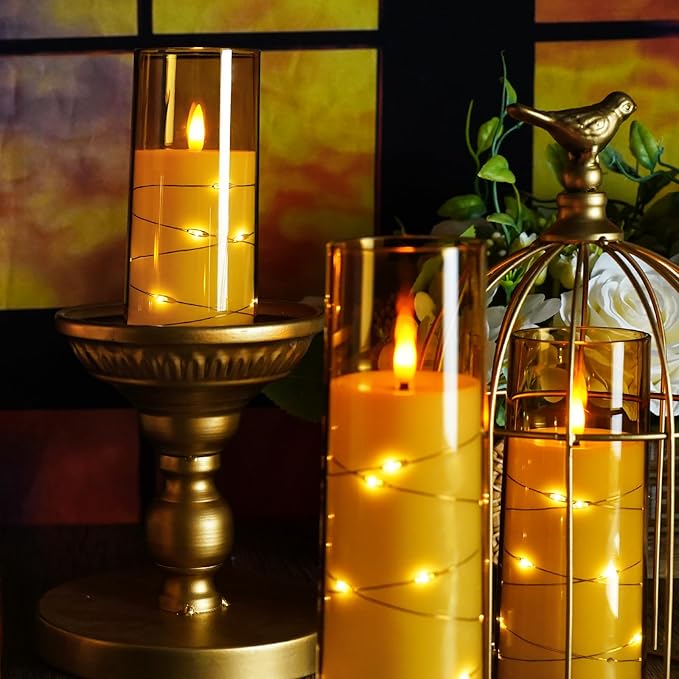 Flameless LED Candles with Timer 5 Pc Flickering Flameless Candles for Romantic Ambiance and Home Decoration Stable Acrylic Shell,with Embedded Star String,Battery Operated Candles(Gold)