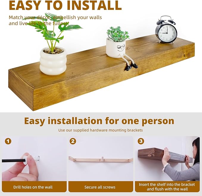 Floating Shelves 3 inch Thick for Wall Set of 2,Solid Pine Wood Wall Mount Shelf for Kitchen Living Room Bedroom Bathroom,8" D x 24" L x 3" H-Gold Oak