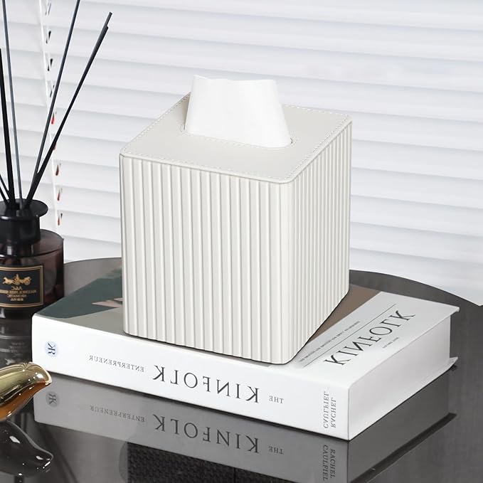 PU Leather Tissue Box Cover Square Tissue Box Holder with Magnetic Closure (Ivory Stripe)