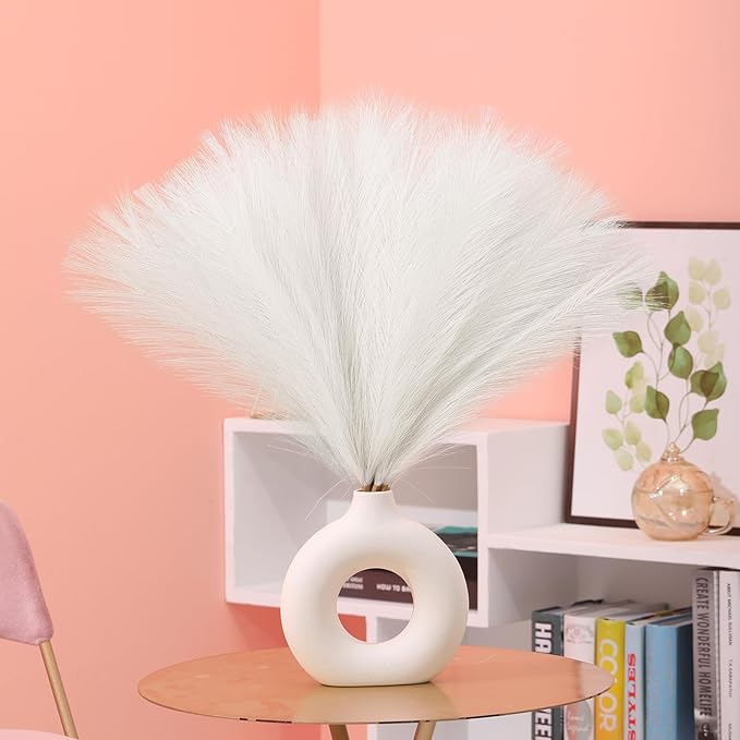 Faux Pampas Grass Decor 17.7 Inch 6pcs, Artificial Pampas Grass Fluffy Home Decor, Short Vase Room Decor pompous Grass Flower Arrangement for Boho Home Wedding Decoration (Milky White)