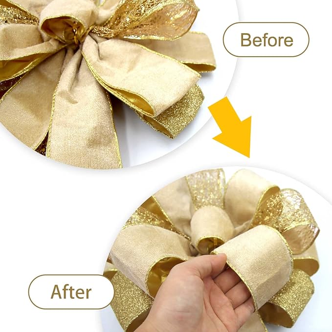 Christmas Tree Topper Bow, 43x13 Inches Large Toppers Bows for Christmas Tree, Glitter Satin Mesh Streamer and Wired Edge, Xmas Ornament Treetop Hanging Decorations & Gift