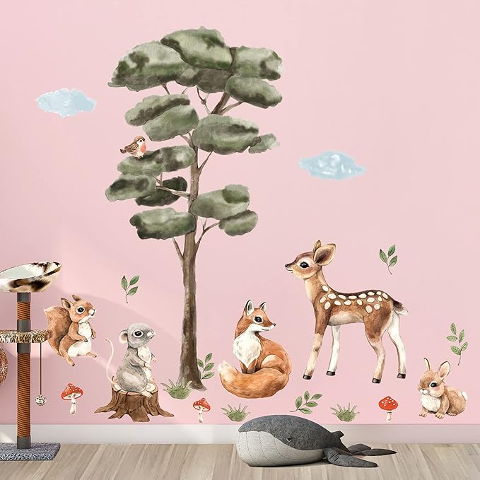 Amaonm 2 Sheet of 12x24 inch Watercolor Forest Tree Wall Decal Woodland Deer Squirrel Fox Wall Stickers 3D DIY Peel and Stick Jungle Wild Animal Pine Wall Decor for Kids Boys Bedroom Playroom Living Room Classroom Decoration (Tree animal)