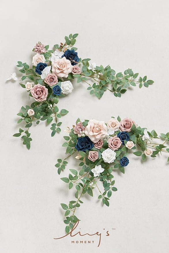 Ling's moment 2PCS Navy Blue Artificial Flower Garland Wedding Arch Flowers Floral Swags Table Centerpieces Dusty Rose Arrangements for Sweetheart Table Easel Wall Entryway Board Backdrop Decor