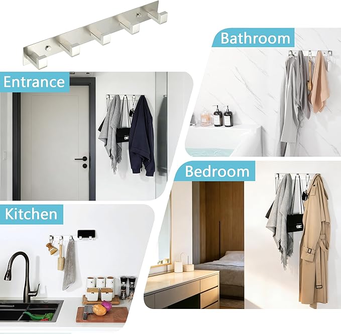 Alise Coat Hooks Wall Mount,Hat and Coat Rack with 5 Hooks Wall Mount Key Hooks for Robes,Bags,Keys,and Towels,SUS304 Stainless Steel Wall Hooks for Hanging,Self Adhesive or Drilling,Brushed