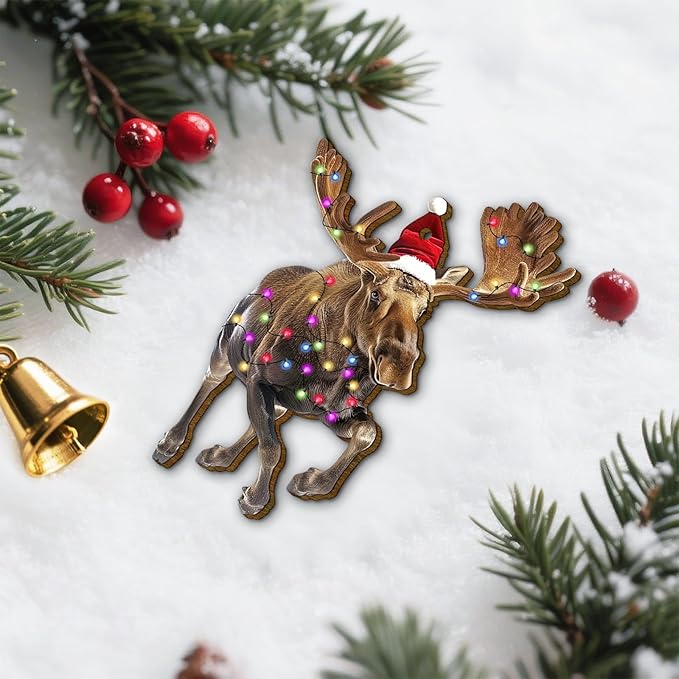 Moose Christmas Ornament - Wooden 2-Side Printed Elk Deer Hanging Ornament for Xmas Tree, Gifts for Moose Lovers