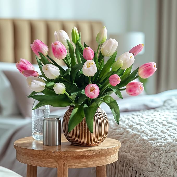 20PCS Fake Tulips Artificial Tulip Silk Flowers Fake PU Bouquet Artificial Flowers Faux Flowers with Gift Box Soft Faux Tulips Bouquets Arrangements for Party Wedding Home