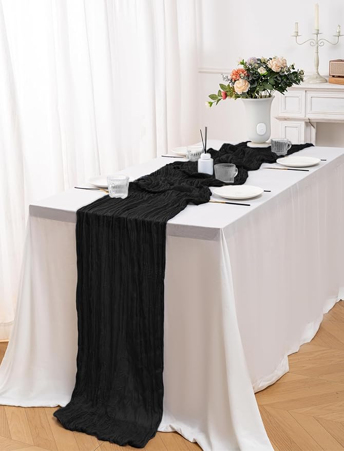 10 Pack Black Cheesecloth Table Runner,10FT/120 Inch Boho Gauze Fabric Table Runner,Rustic Sheer Black Cheese Cloth Runner Bulk for Wedding,Bridal Baby Shower,Birthday Party,Holiday Home Table Decor