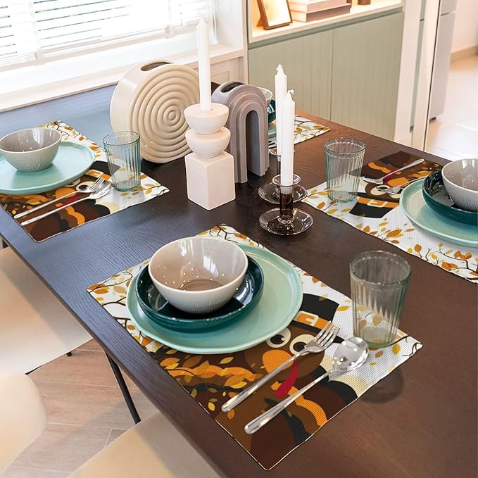 Thanksgiving Turkey Placemats, Cartoon Turkey Autumn Branch Yellow Leaves Fall Harvest Kitchen Dining Table Decoration for Indoor Outdoor Farmhouse Home Party Decor, 4PCS