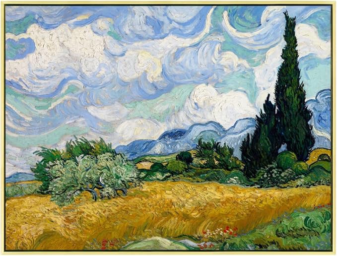 Wieco Art Framed Canvas Art Wheat Field with Cypresses by Van Gogh Classical Paintings Reproduction Modern Canvas Print Wall Art Landscape Pictures Artwork for Home Office Decor