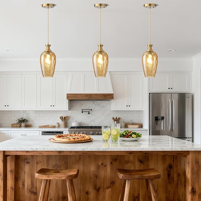 Glass Pendant Lights Kitchen Island, 1-Light Gold Pendant Light Fixtures with Hammered Amber Glass, Vintage Hanging Light for Kitchen Sink Dining Room Bedroom, E26