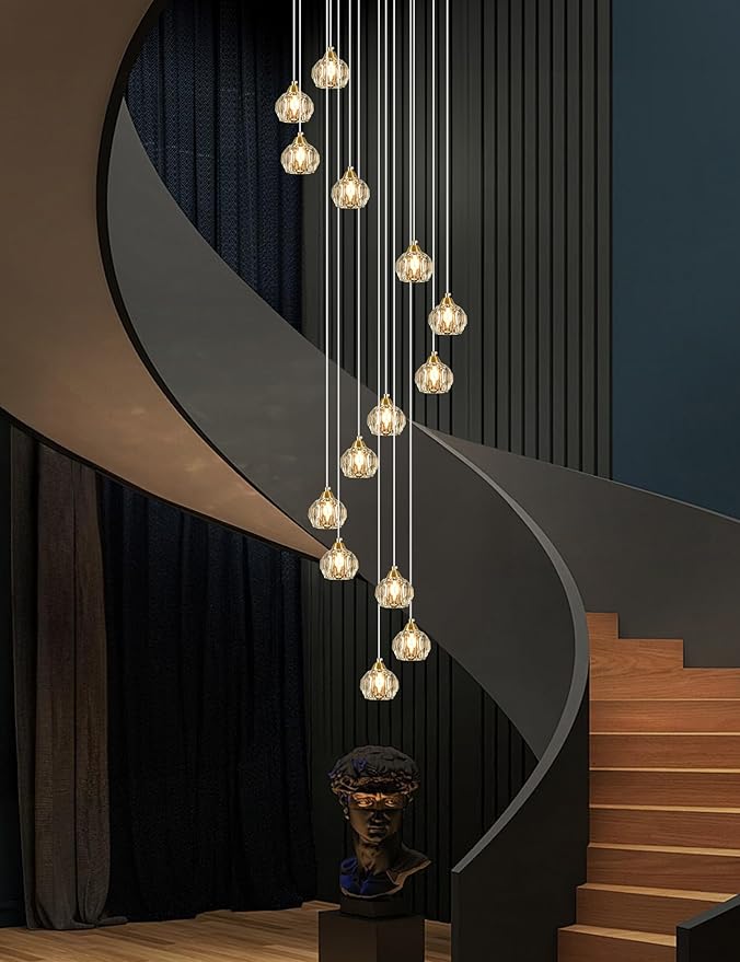 Crystal Chandeliers for Staircases, 14-Light Gold Modern Chandeliers for High Ceilings,Crystal Pendant Light Fixture for Living Room Kitchen Island Foyer Hallway Bar