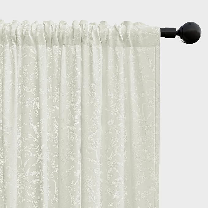 Anmao Cream Semi Sheer Light Filtering Curtains 54 Inches Long 2 Panels, Leaf Pattern Drapes for Living Room Bedroom, Rod Pocket Sheer Window Treatments with Floral Design, 52x54 Inch, Ivory