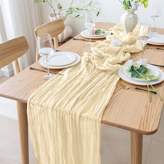 2PCS Table Runner Cheesecloth 10FT Beige Boho Gauze Cheese Cloth Rustic Sheer Table Runners for Wedding Bridal Baby Shower Party Decoration