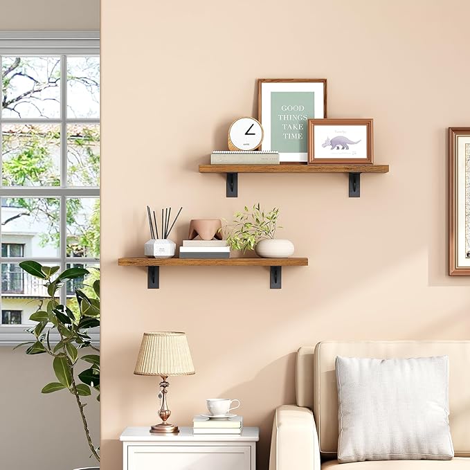 HOOBRO Floating Shelves for Wall, 15.4" Wall Mounted Shelves Set of 2, Hanging Storage Shelf with Metal Brackets, Wooden Shelf for Living Room, Bedroom, Bathroom, Rustic Brown and Black BF42BJP201G1
