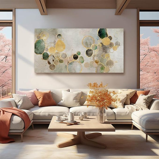YJYart Large Abstract Canvas Wall Art Green and Gold Decorative Painting 29"x58" Picture Prints Colorful Canvas Wall Art for Kitchen Office Bedroom