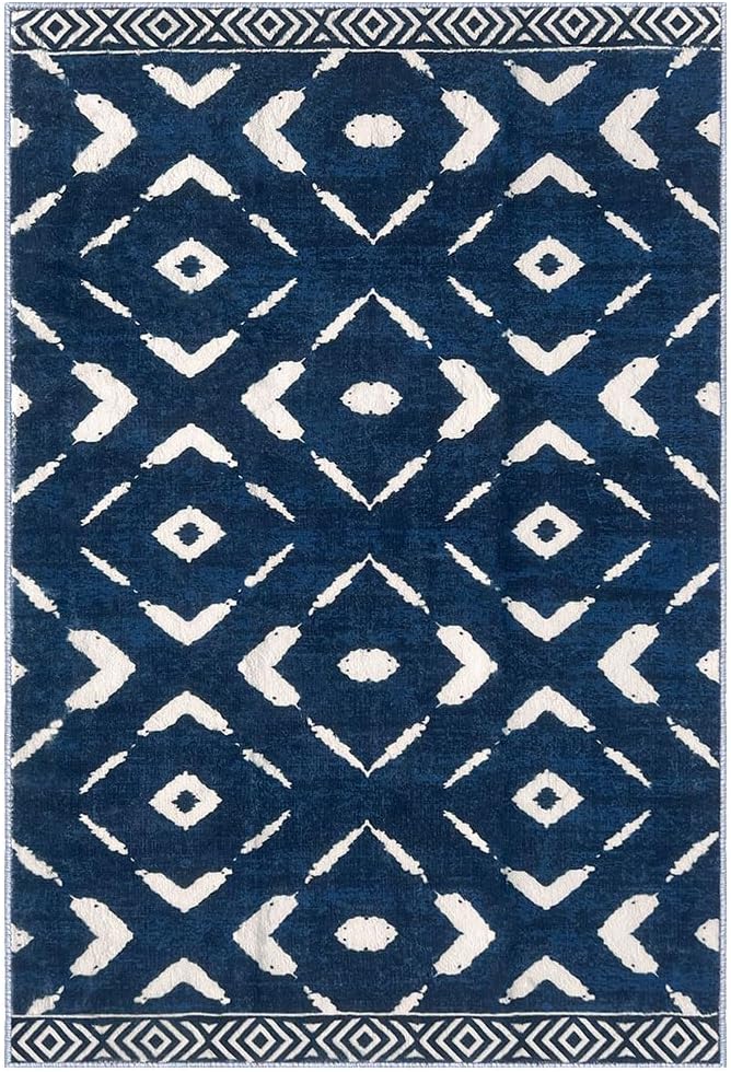 KILOCOCO Living Room Rug 5x7 Area Rug Printed Boho Washable Bedroom Rugs Non Slip Soft Large Moroccan Rubber Backed Indoor Rugs for Dining Room Office Farmhouse Geometric Carpet, Blue
