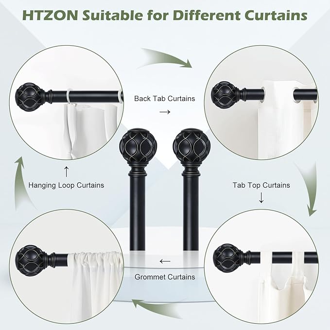 Black Curtain Rods for Windows:Farmhouse Boho Decorative Curtain Rod for Bedroom Living Room,Heavy Duty Adjustable Rustic Drapery Rods Set with Vintage Coastal Texture Finial,Matte Black 72-144"