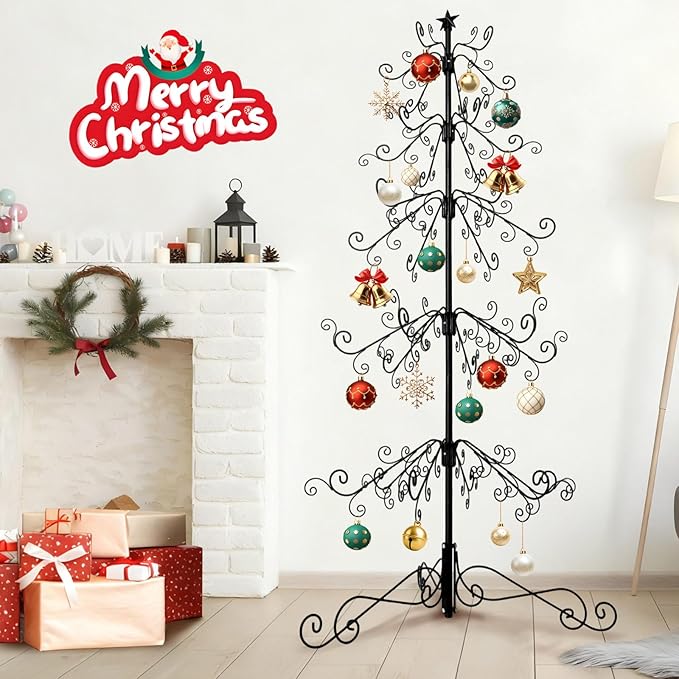 Metal Christmas Tree,144 christmas ornament hooks,6ft black christmas tree,Diy-Friendly ornament display stand,rustproofing metal ornament tree For Collectibles,Pendant,craft show(Without Accessories)