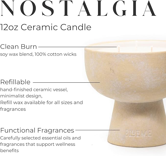 Blueme Nostalgia Candle | Bergamot & Musk | 3 Wick - Refillable Wellness Candle with Essential Oils, Hand Finished & Poured Soy Wax Blend Ceramic Vessel, Natural Cotton Wicks | Medium 12 oz