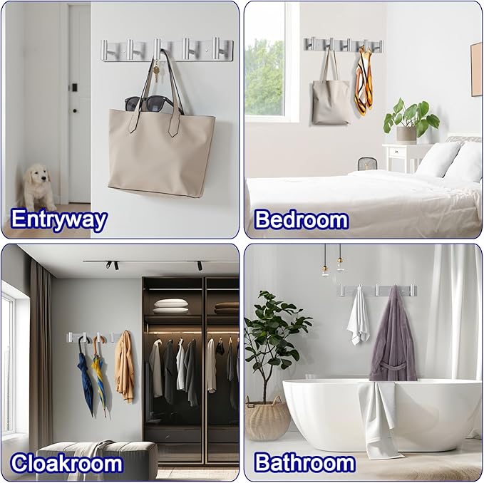 Coat Rack Wall Mount - 5 Hat and Coat Hooks, Heavy Duty Towel Racks for Bathroom Entryway, Wall Hooks for Hanging Robes Bags Scarves Belts, Hat Rack Key Hanger Organizer (Silver)