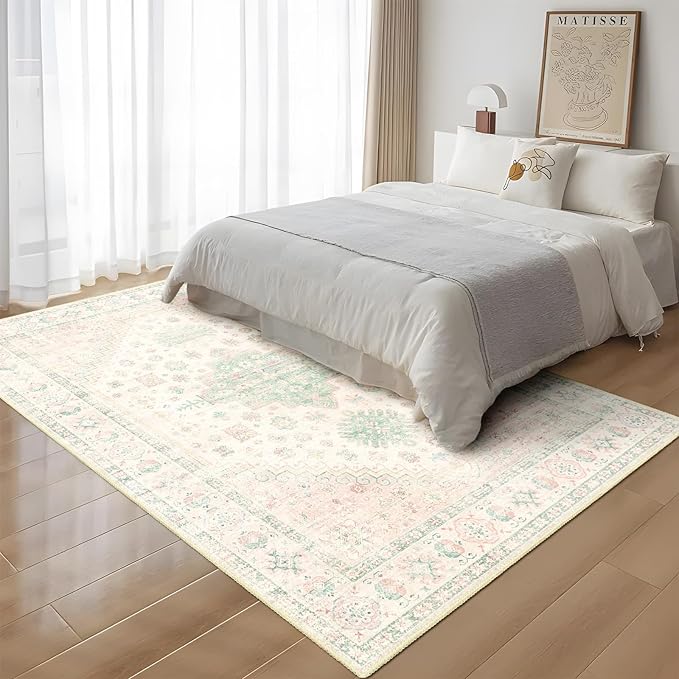 MUJOO 5x7 Area Rugs Washable,Boho Rug for Living Room Bedroom Dining Room Office,Large Throw Carpet,Non Slip Big Soft Indoor Low Pile Light Pink and Green