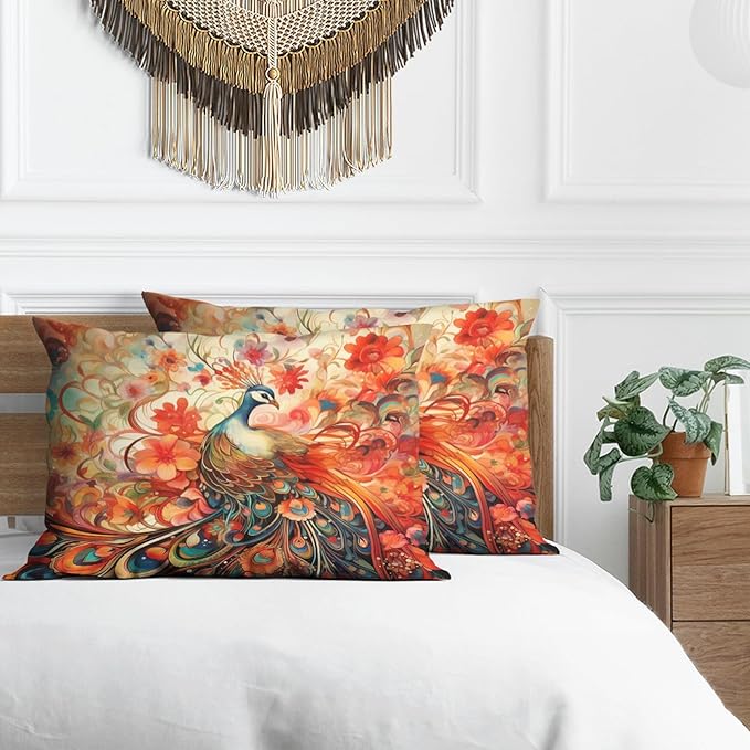 Peacock Pillow Protectors with Zipper Standard Size Coquette Bird Animal Pillow Covers Set of 2 Boho Floral Pillowcases Vintage Chinoiserie Colorful Flowers Bed Pillow Covers 30"X20"