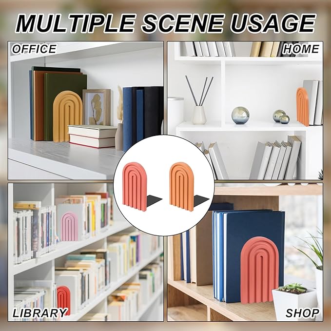 PATIKIL 4Pcs Boho Arch Bookends, Non-Skid Wood Book Ends Rainbow Wooden for Shelves Book Stopper Stand Cute for Holding Books Movie CD Home Office Library Decorative, Light Orange/Red