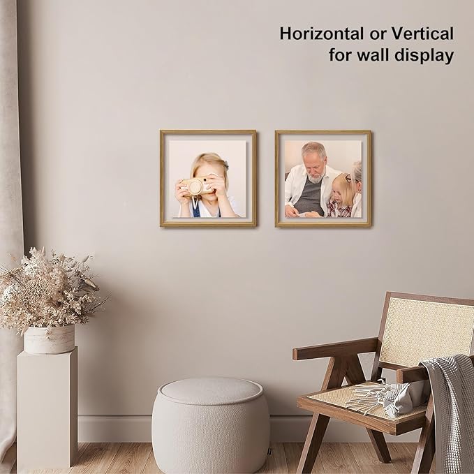Egofine 12x12 Floating Frames Set of 2, Double Plexiglass Picture Frame, Made of Solid Wood Display Any Size Photo up to 12x12, Wall Mount or Tabletop Standing,Carbonized