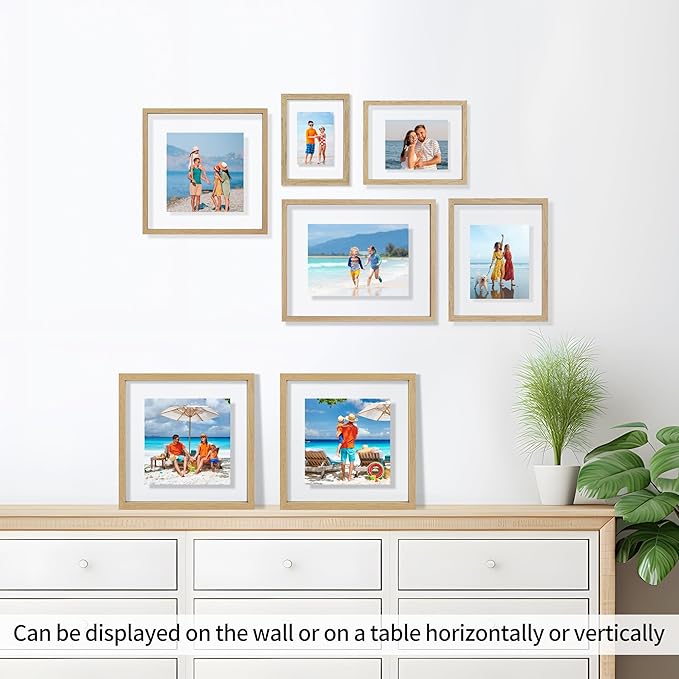 10x10 Floating Picture Frame Set of 2, Double Glass Photo Frame Wooden Frame for Wall Mount or Tabletop Displays for 5x7, 6x8, 7x9 inch Pictures, Plane Edge Frames, Natural