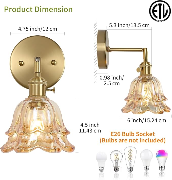 Vintage Wall Sconces, Rose Amber Lampshade & 180 Degree Adjustable, Brass Wall Lights, for Bedroom Living Room Hallway Aisle, Bulbs Not Included, ETL Listed