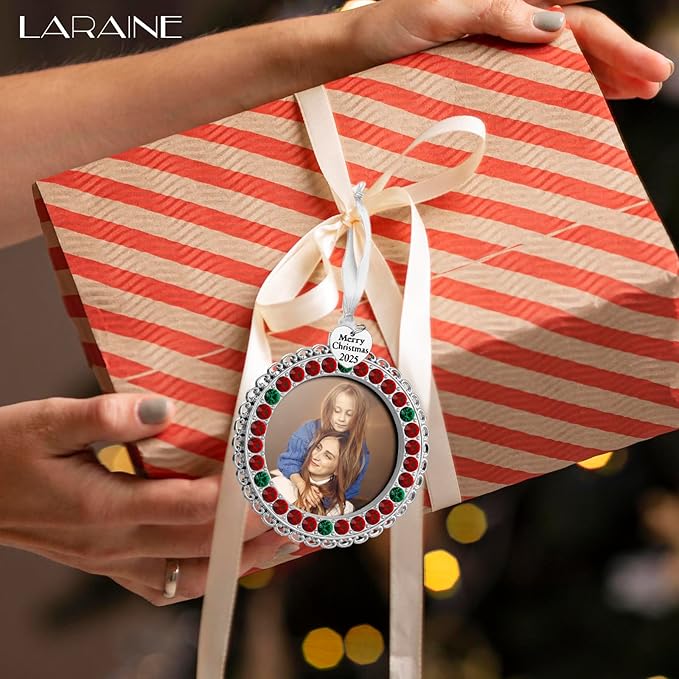 Laraine Christmas Tree Ornaments 3 Pieces – Decorative Hanging 2025 Rhinestones Pendant with Small Picture Frame Insert for Pet Holiday Keepsake Gift (Green&Red (2025))
