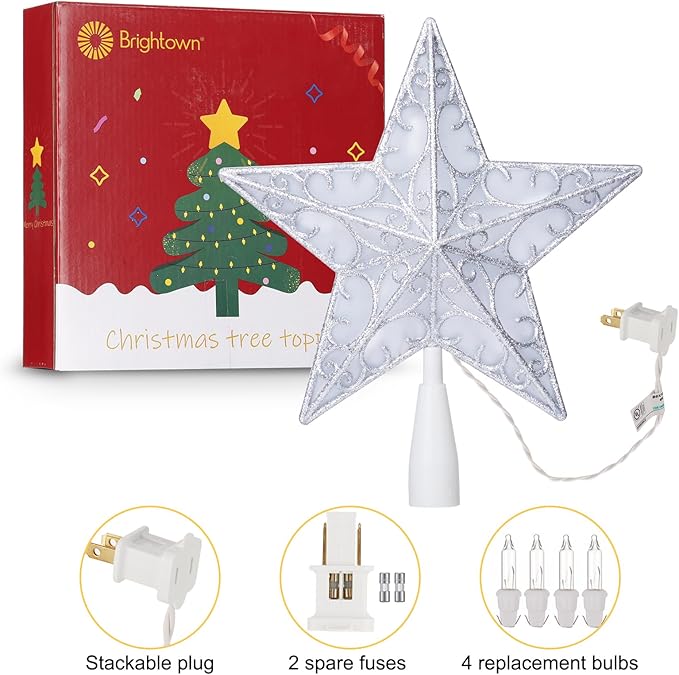 Christmas Star Tree Topper, Plug in Sliver Glittered 3D Star Tree Topper, Metal Hollow Designed Built-in 10 Bulbs String Lights for Indoor Christmas New Year Holiday Tree Decoration, White Base