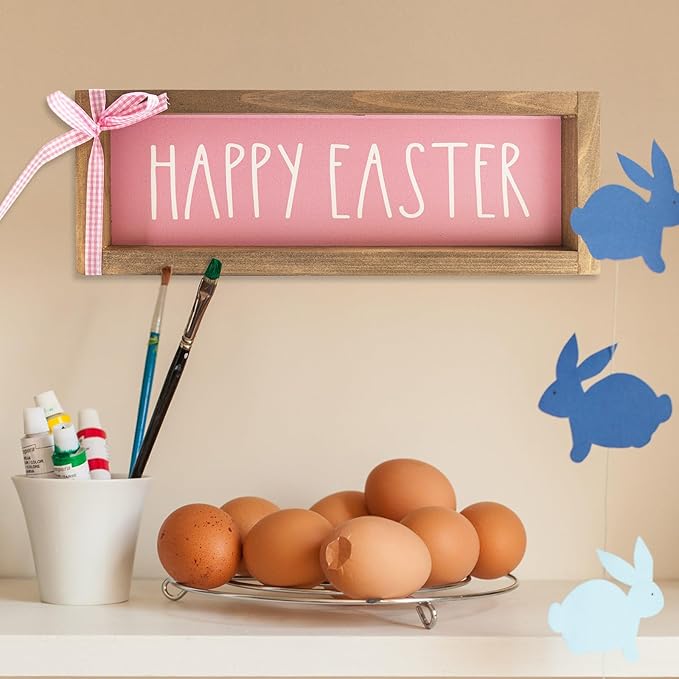 Happy Easter Sign, Wooden Pink Easter Table Top Decorations for Home Indoor, Spring Wood Decorative Signage Wall Art Living Room Tabletop Centerpieces Mantel Shelf Office Desk Rustic Decor